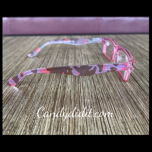 Translucent Pink Camo W/Orange Crystals Bling Reader Glasses With Case - Picture 6 of 10